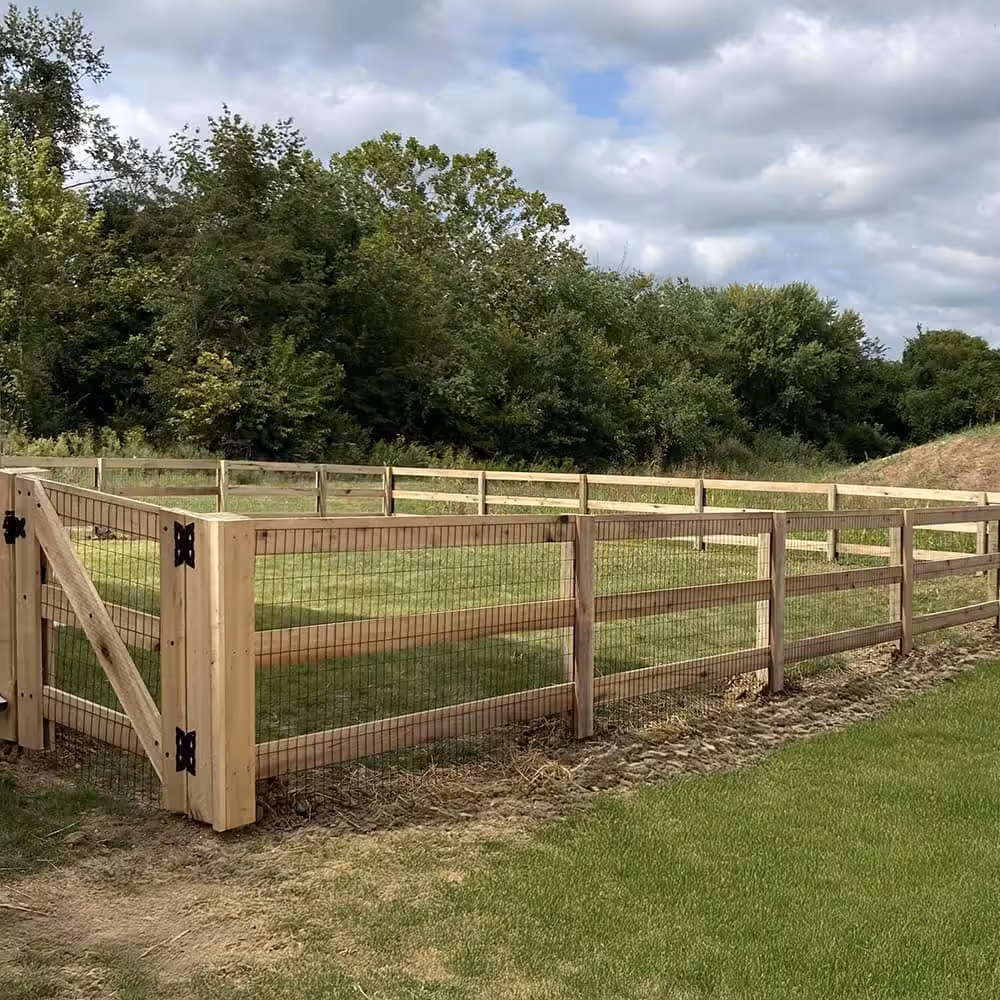 A backyard with a Kentucky Board Fence