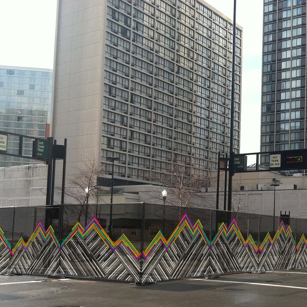 A temporary chain link fence in downtown