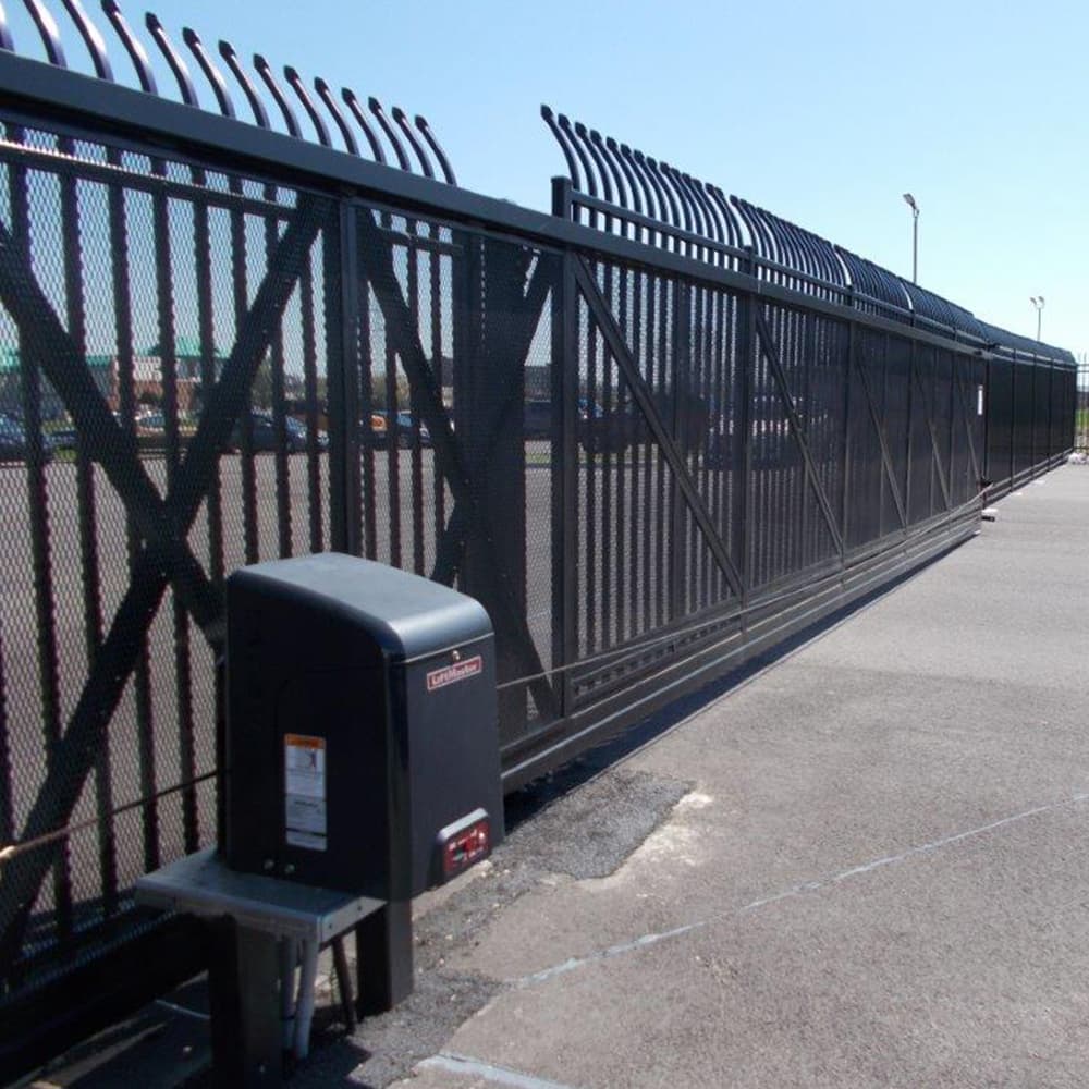 A black commercial security fence and gate