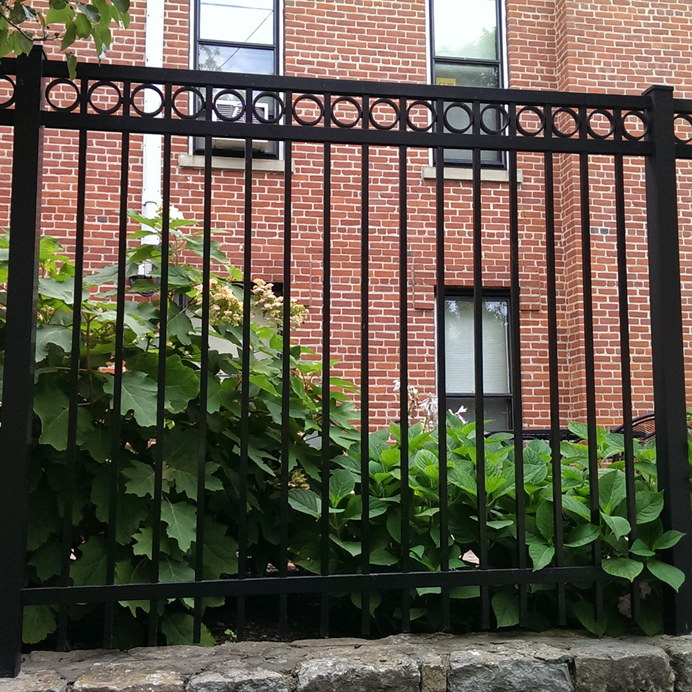 A close up on a black wrought iron fence